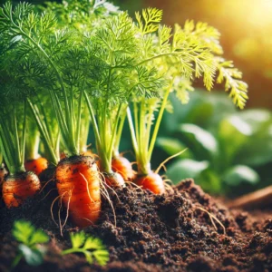 Close-up image of carrots growing in soil, with green tops sprouting above ground and sunlight filtering through the garden.